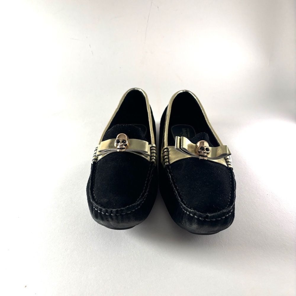 Alexander McQueen Black Suede Loafers with Gold Skull Accent